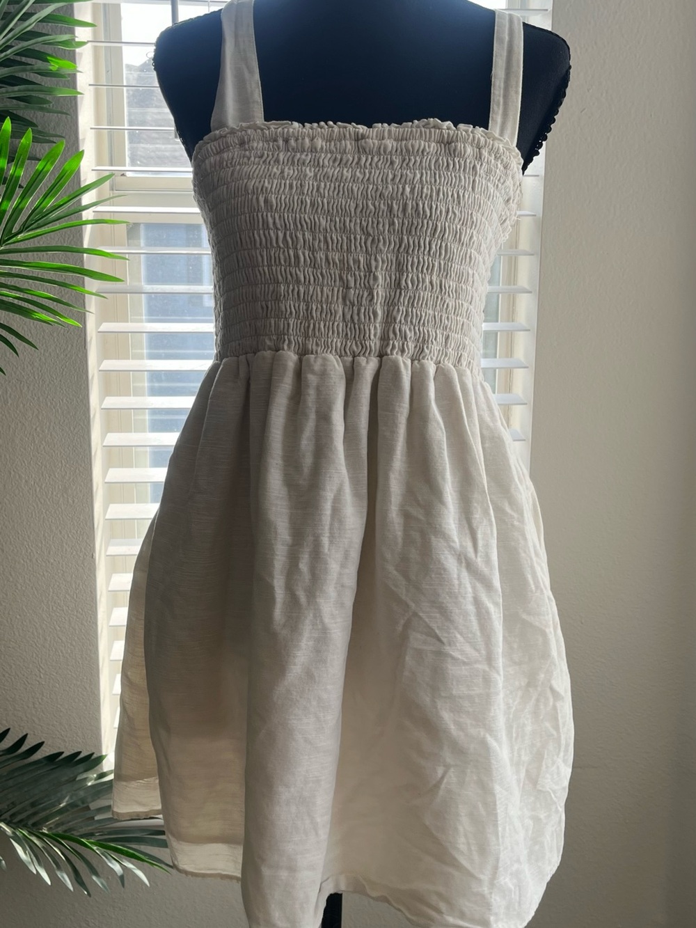 American Eagle Outfitters Cream Smocked-Strap Dress